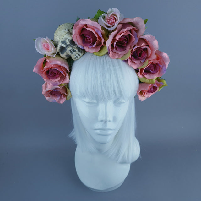 Skull & Pink Rose Flower Headdress