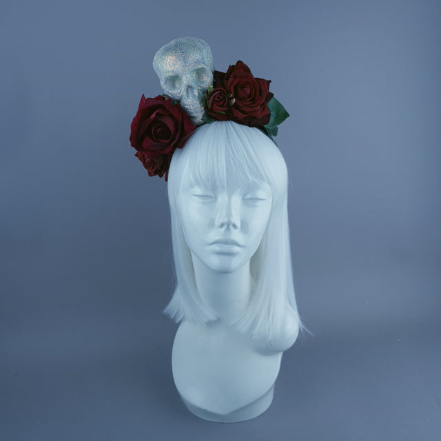 Glitter Skull & Red Rose Flower Headdress
