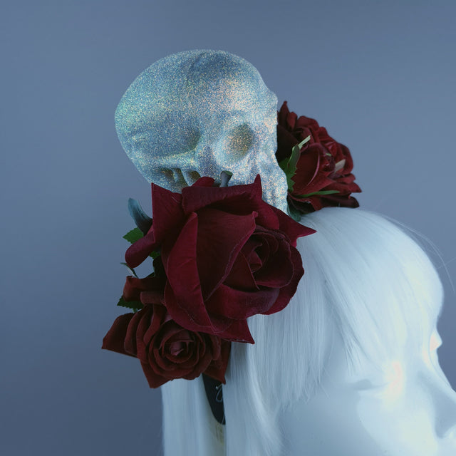 Glitter Skull & Red Rose Flower Headdress