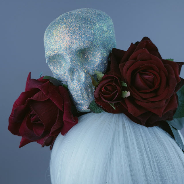 Glitter Skull & Red Rose Flower Headdress