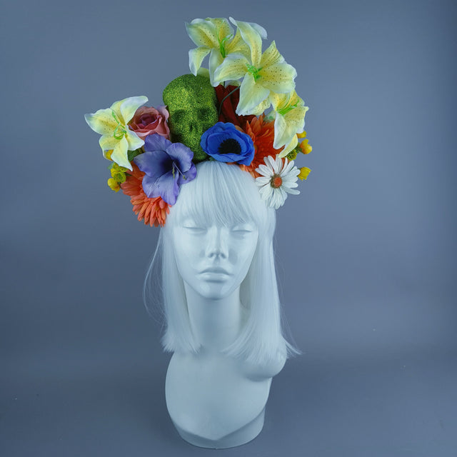 Colourful Green Glitter Skull & Flower Headdress