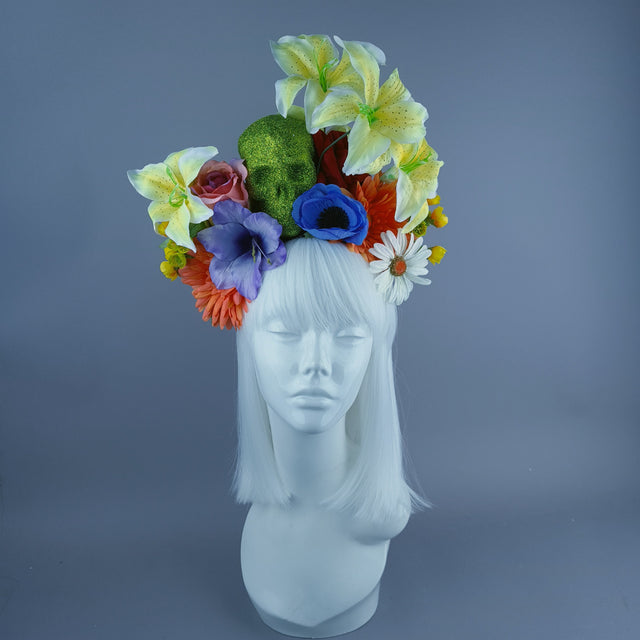 Colourful Green Glitter Skull & Flower Headdress