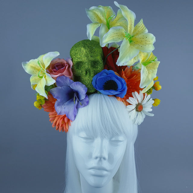 Colourful Green Glitter Skull & Flower Headdress