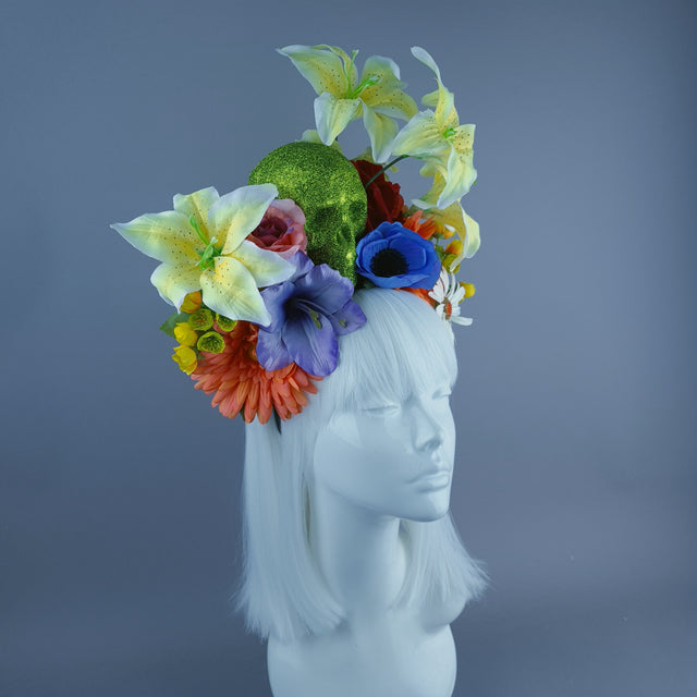 Colourful Green Glitter Skull & Flower Headdress