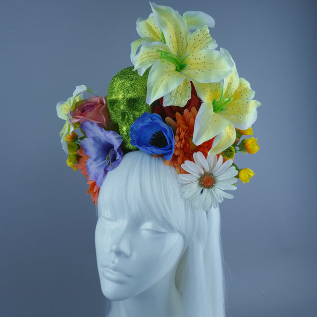 Colourful Green Glitter Skull & Flower Headdress
