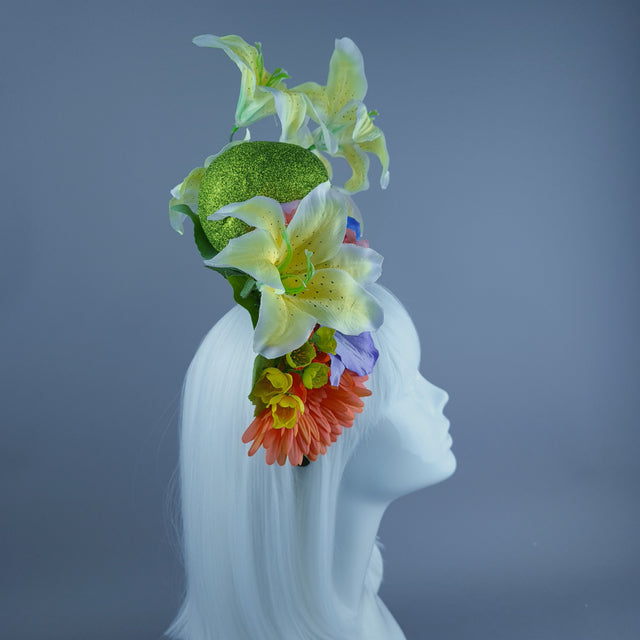 Colourful Green Glitter Skull & Flower Headdress