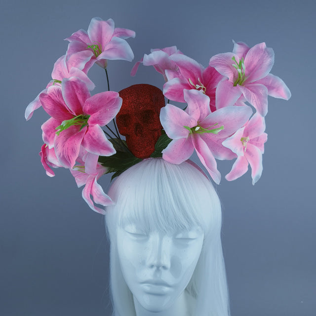 Red Glitter Skull & Pink Flower Headdress