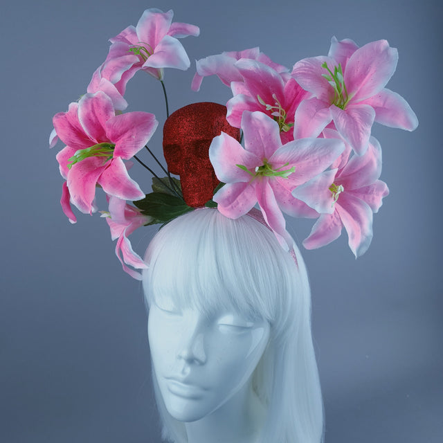 Red Glitter Skull & Pink Flower Headdress