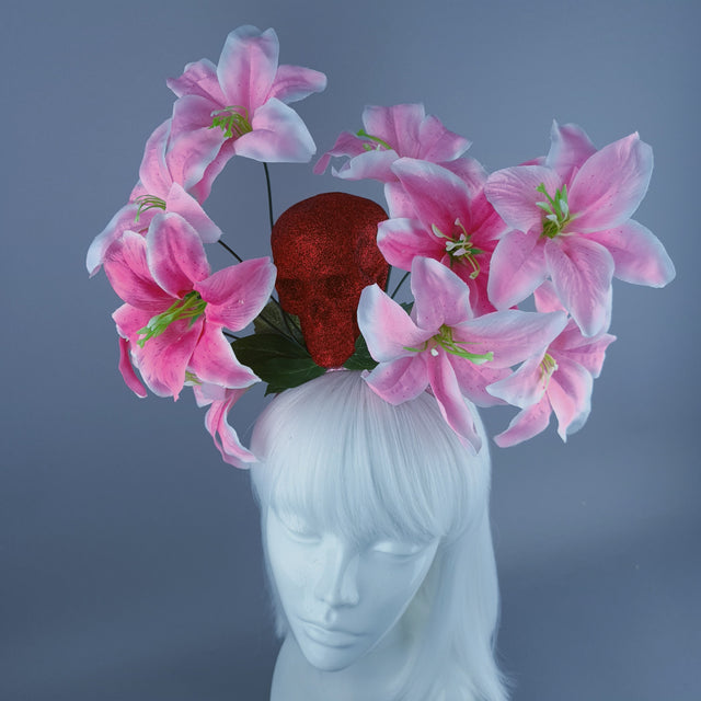 Red Glitter Skull & Pink Flower Headdress