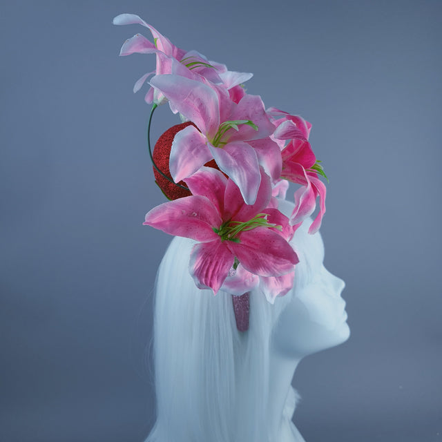 Red Glitter Skull & Pink Flower Headdress