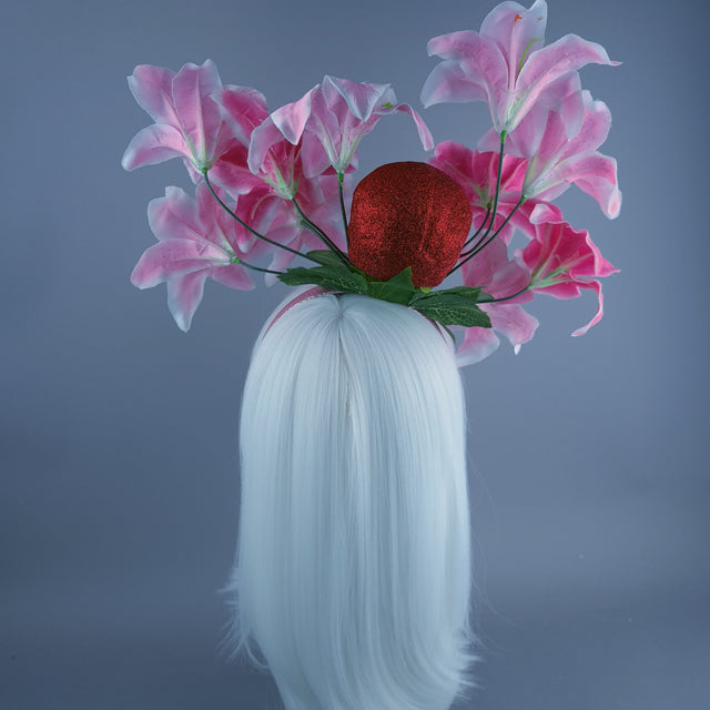 Red Glitter Skull & Pink Flower Headdress