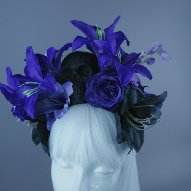 Purple & Black Glitter Skull & Flower Headdress