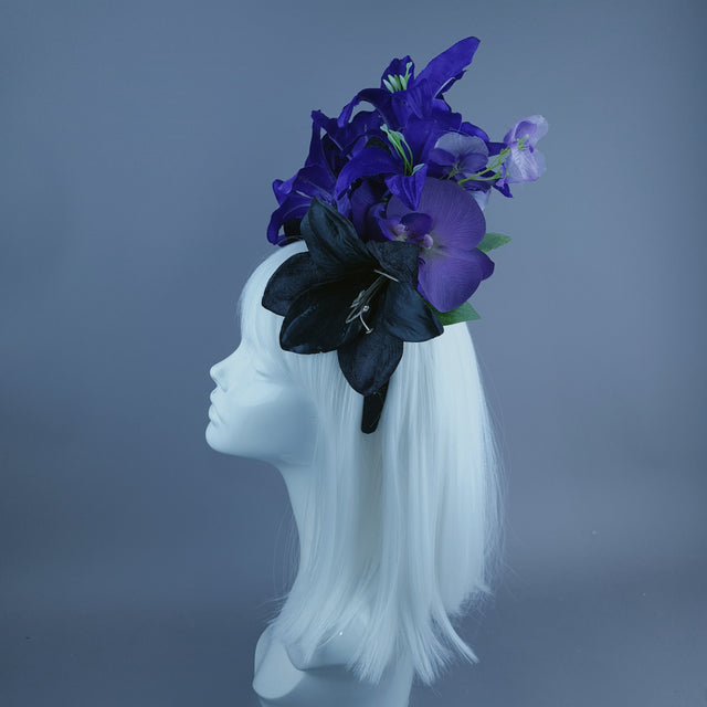 Purple & Black Glitter Skull & Flower Headdress