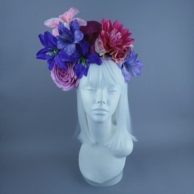 Purple & Pink Glitter Skull & Flower Headdress