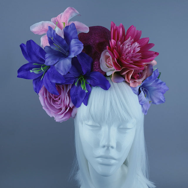 Purple & Pink Glitter Skull & Flower Headdress