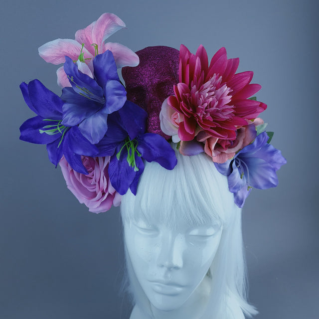 Purple & Pink Glitter Skull & Flower Headdress