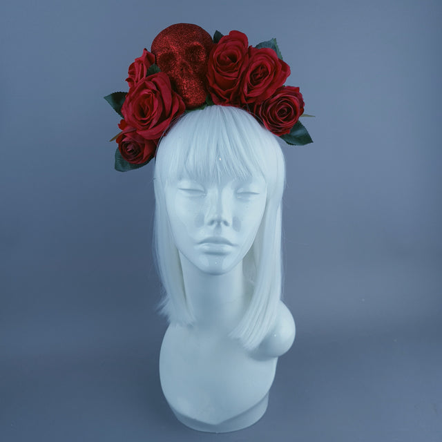 Red Glitter Skull & Red Rose Flower Headdress