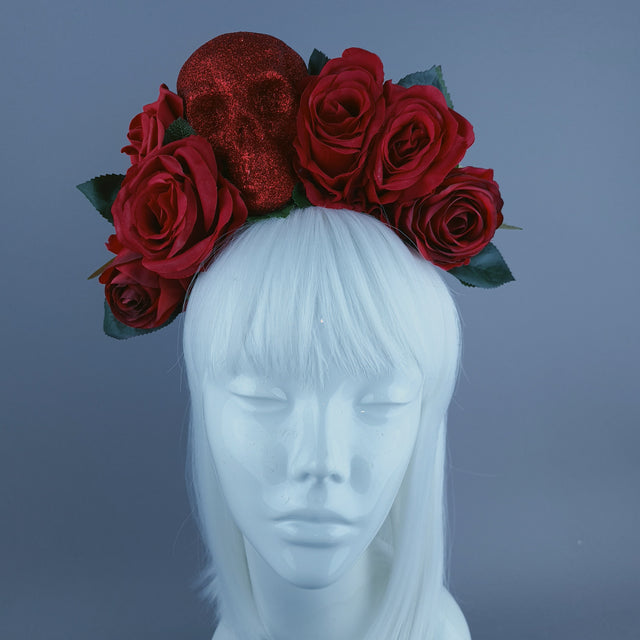 Red Glitter Skull & Red Rose Flower Headdress
