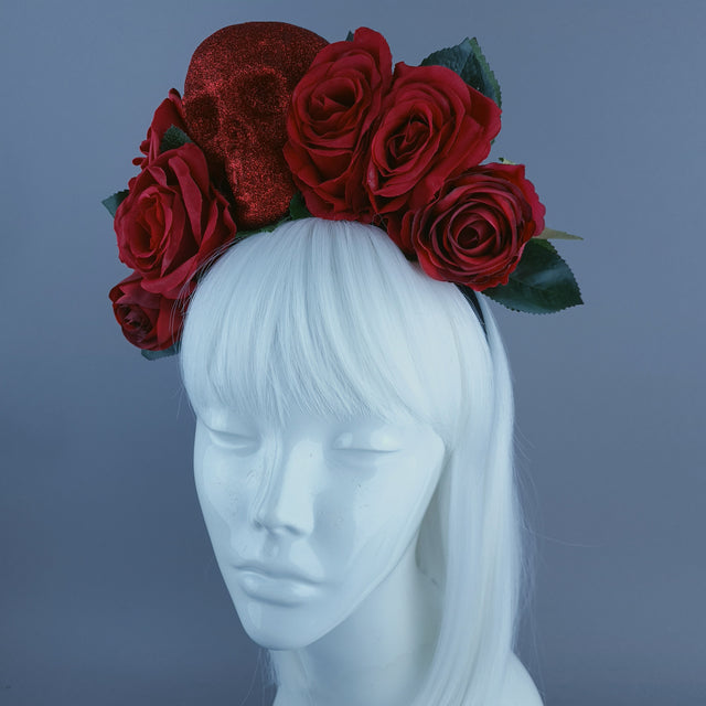 Red Glitter Skull & Red Rose Flower Headdress