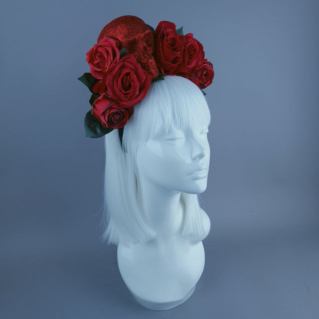 Red Glitter Skull & Red Rose Flower Headdress