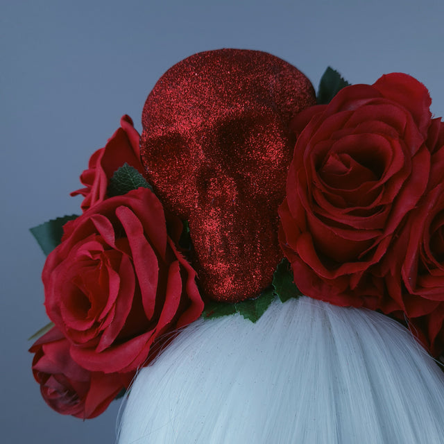 Red Glitter Skull & Red Rose Flower Headdress