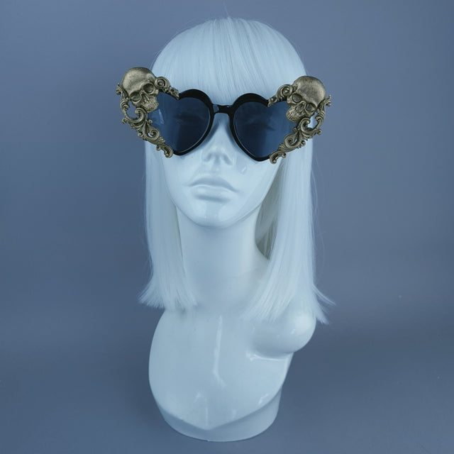 "Asura" Gold Black Skull & Filigree Heart Shaped Sunglasses