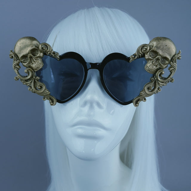 "Asura" Gold Black Skull & Filigree Heart Shaped Sunglasses