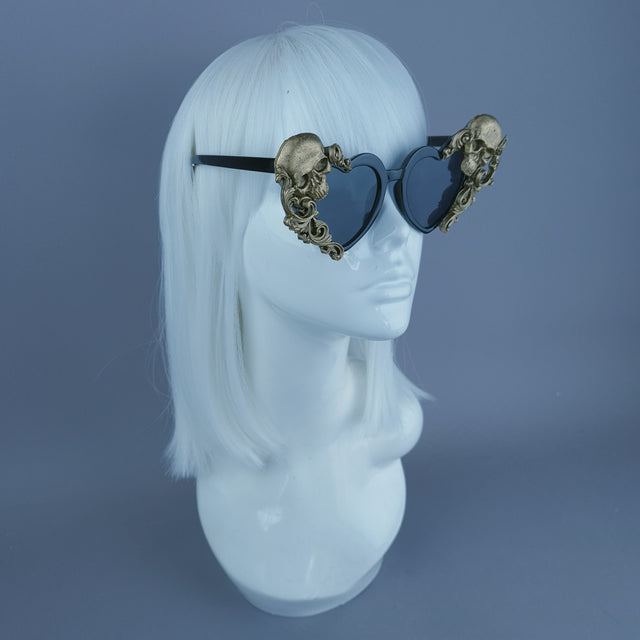 "Asura" Gold Black Skull & Filigree Heart Shaped Sunglasses