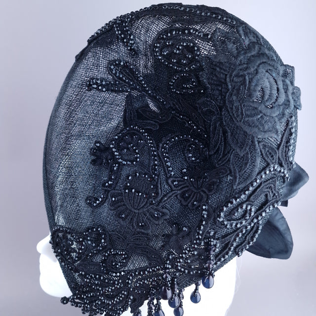 "Abnoba" Black Crystal Lace Fascinator Hat