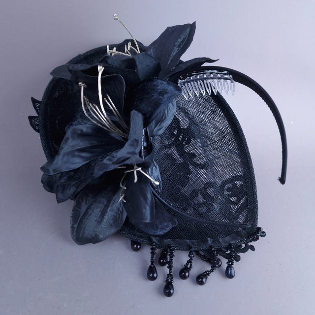 "Abnoba" Black Crystal Lace Fascinator Hat