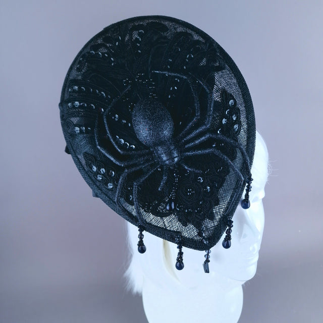 "Araignee" Black Glitter Spider Lace Fascinator Hat