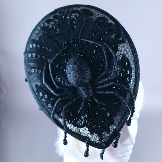 "Araignee" Black Glitter Spider Lace Fascinator Hat