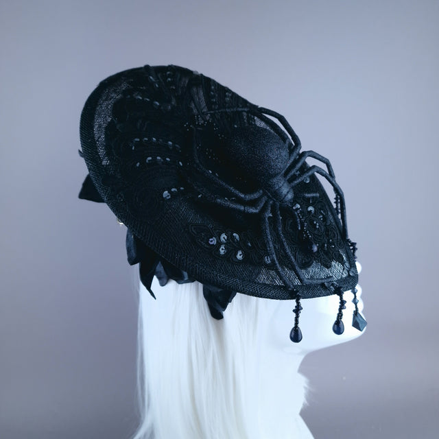 "Araignee" Black Glitter Spider Lace Fascinator Hat