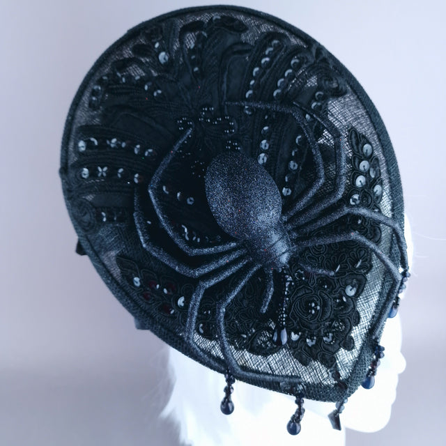 "Araignee" Black Glitter Spider Lace Fascinator Hat