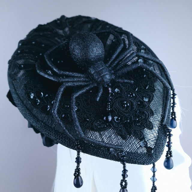 "Araignee" Black Glitter Spider Lace Fascinator Hat