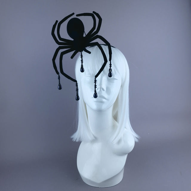 "Arachne" Black Velvet Spider Beading Headpiece8.5cm
