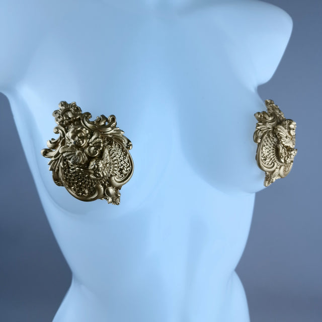 "Angeli
" Gold Filigree & Cherub Nipple Pasties