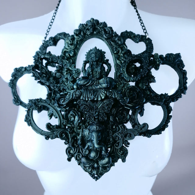 "Diaĵo" Black Teal Filigree Ganesh Frame Neckpiece