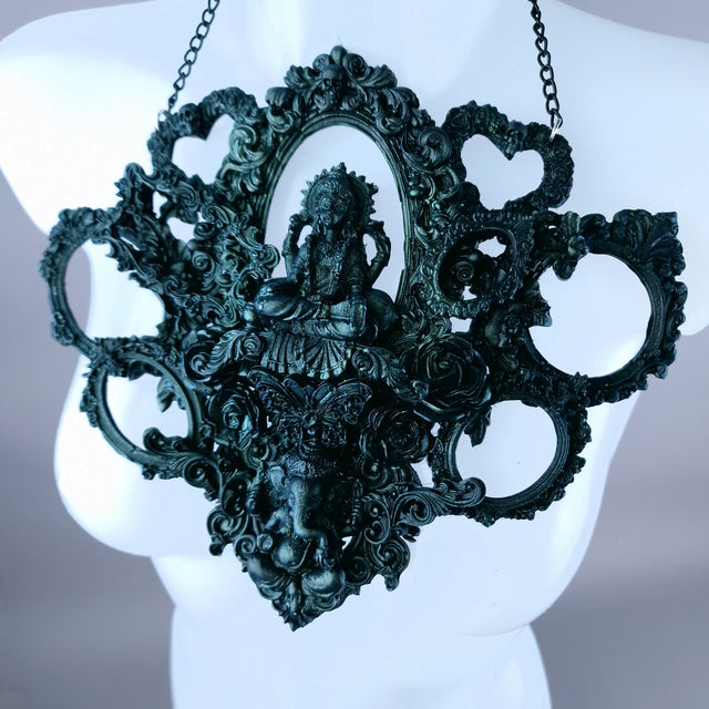 "Diaĵo" Black Teal Filigree Ganesh Frame Neckpiece