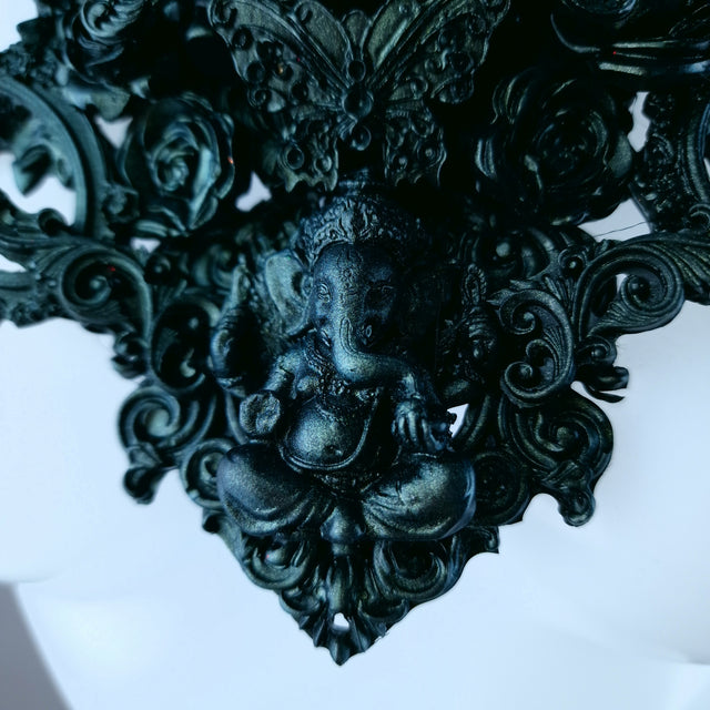 "Diaĵo" Black Teal Filigree Ganesh Frame Neckpiece