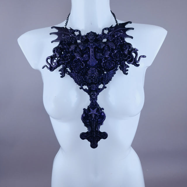 "Impaurito" Black Purple Filigree Skull Neckpiece