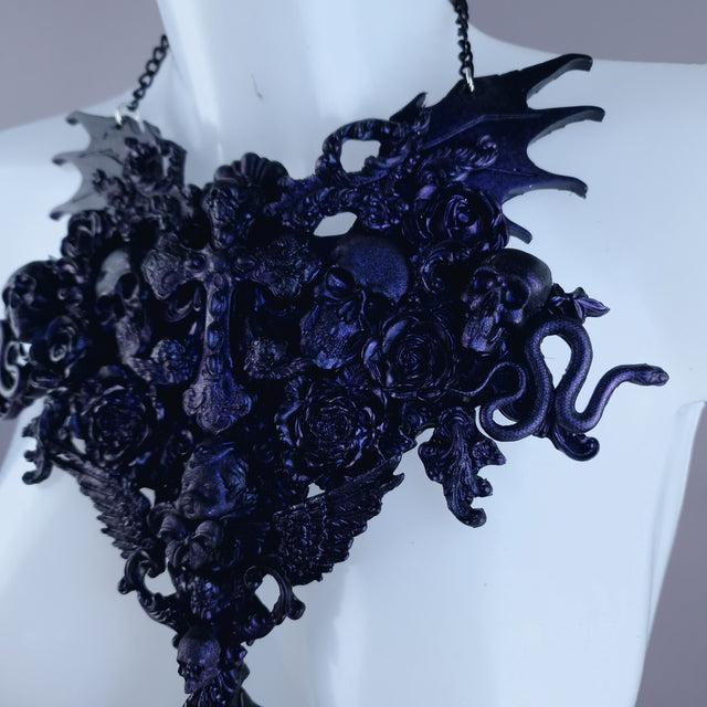 "Impaurito" Black Purple Filigree Skull Neckpiece