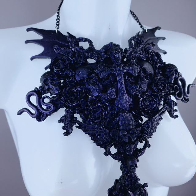 "Impaurito" Black Purple Filigree Skull Neckpiece