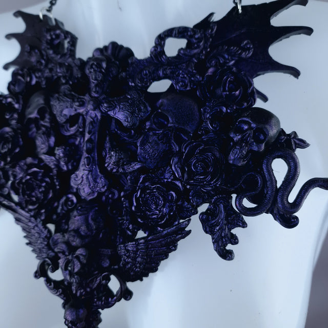 "Impaurito" Black Purple Filigree Skull Neckpiece
