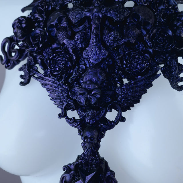 "Impaurito" Black Purple Filigree Skull Neckpiece
