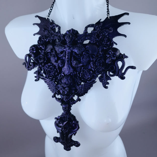 "Impaurito" Black Purple Filigree Skull Neckpiece