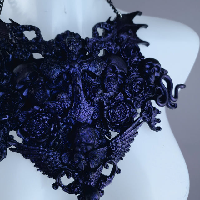 "Impaurito" Black Purple Filigree Skull Neckpiece