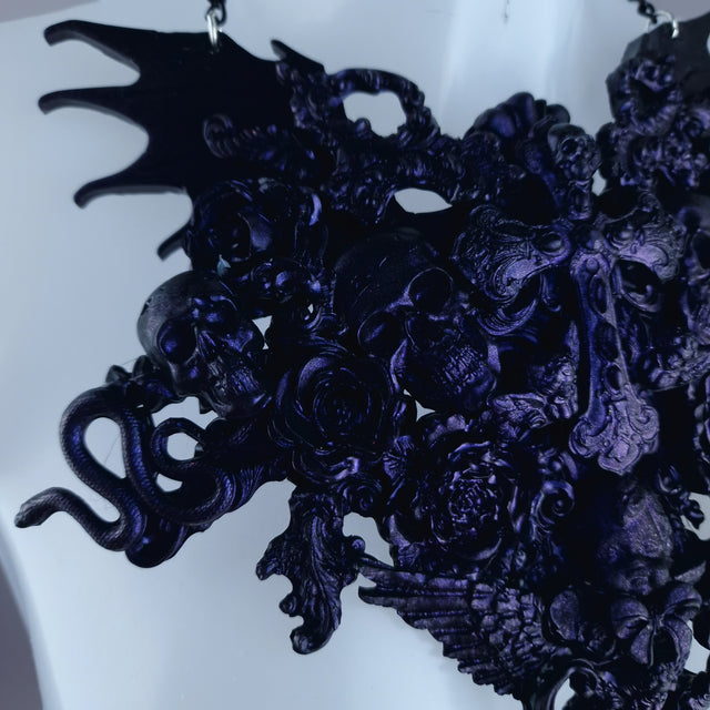 "Impaurito" Black Purple Filigree Skull Neckpiece