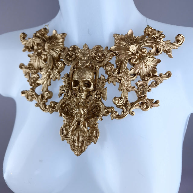 "Kacela" Gold Skull, Cherub & Filigree Neckpiece