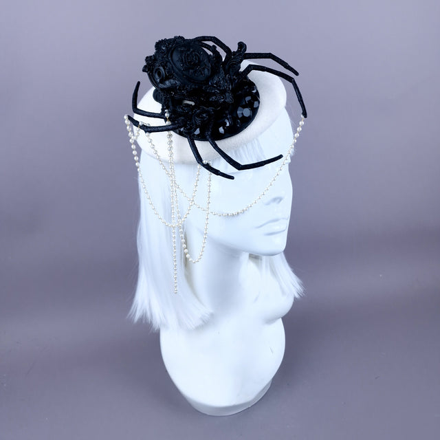 "The Webs We Weave" Black Filigree Spider & Pearl Fascinator Hat